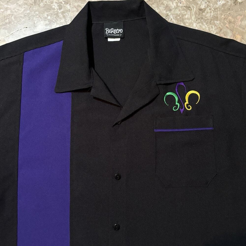 Be Retro Bowling Shirt Mens Large Black Tony Soprano Short Sleeve Camp Collar